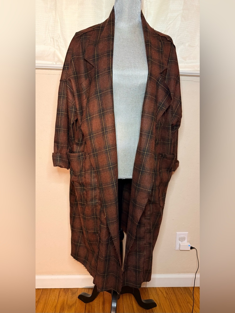 Meena Mahal by Poetic Threads Wool Open-Front Plaid Long Coat Cardigan